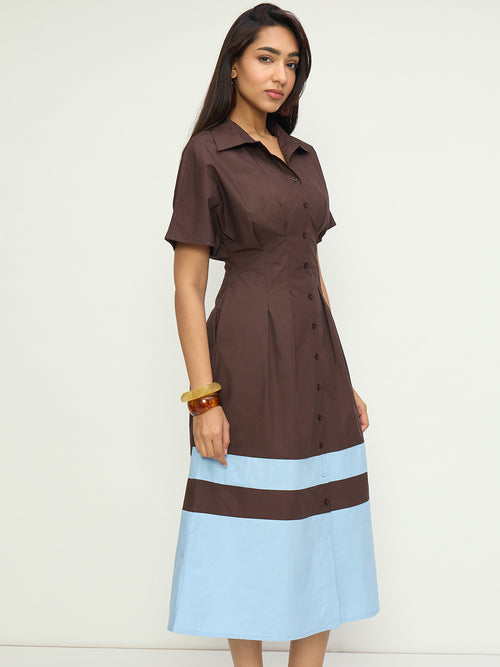 CrispCotton Mocha Blue Colorblock Dress