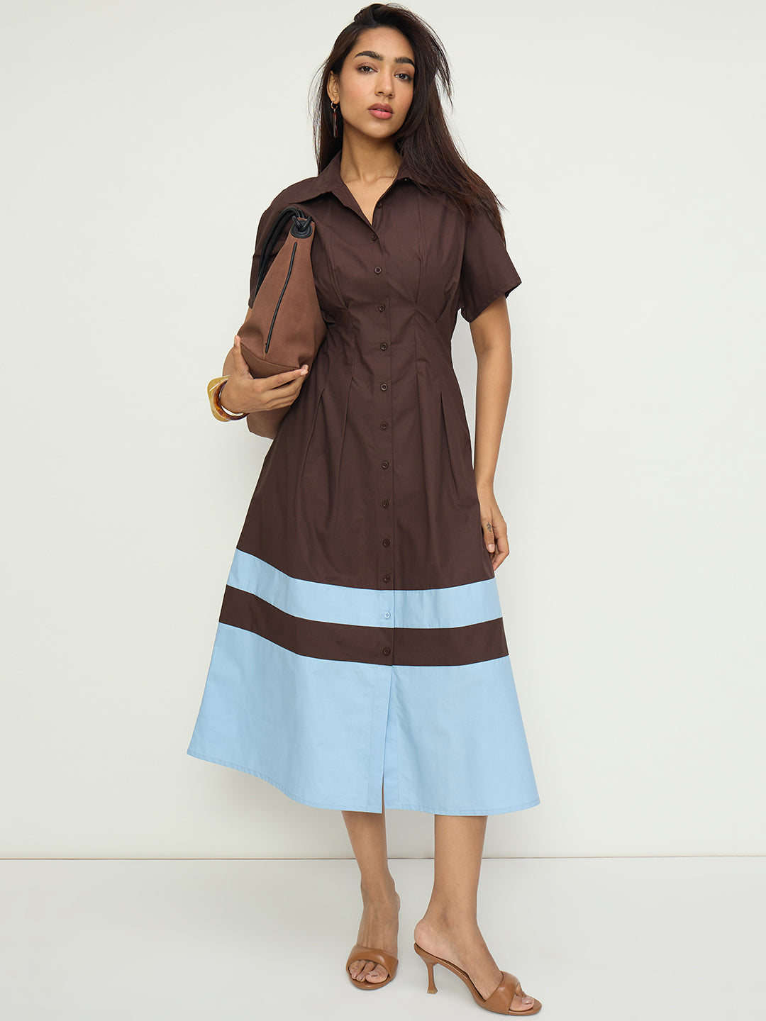 Brown And Blue Poplin Colorblock Calf Length Dress