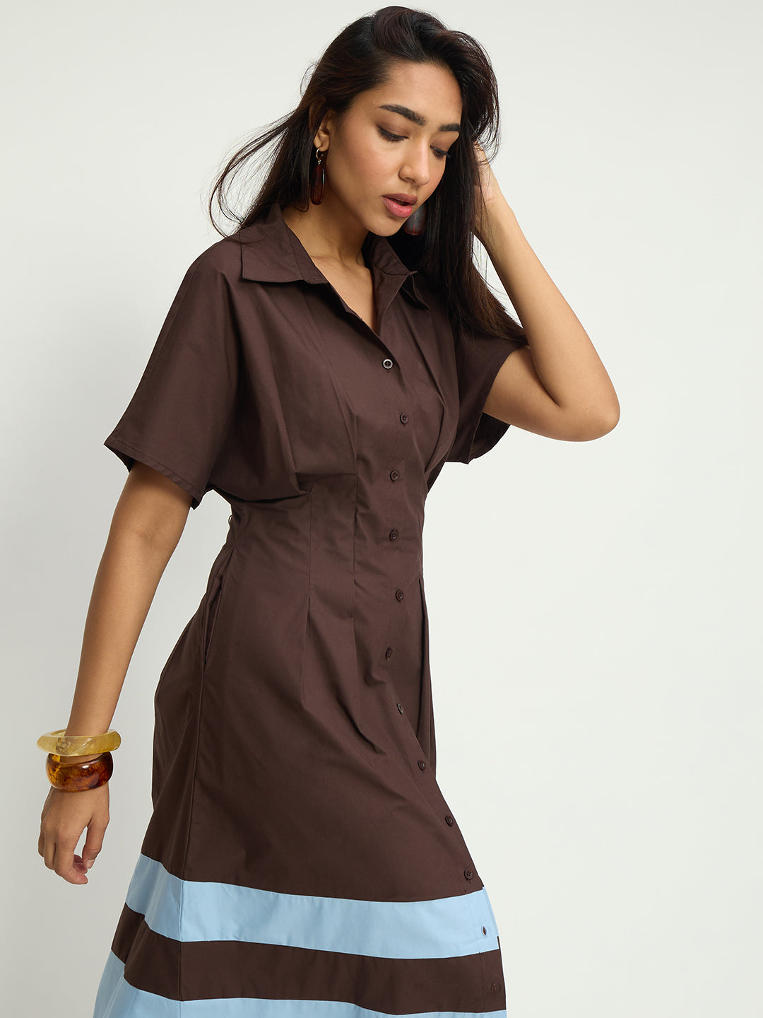 Brown And Blue Poplin Colorblock Calf Length Dress