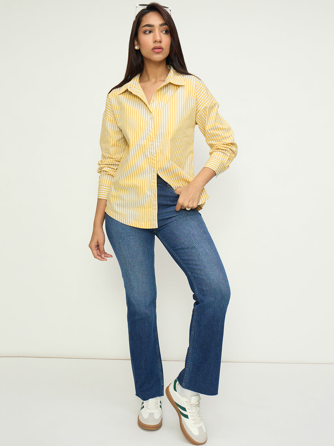 Yellow Stripe Back Button Detail Shirt