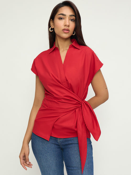 CrispCotton Red Wrap Top