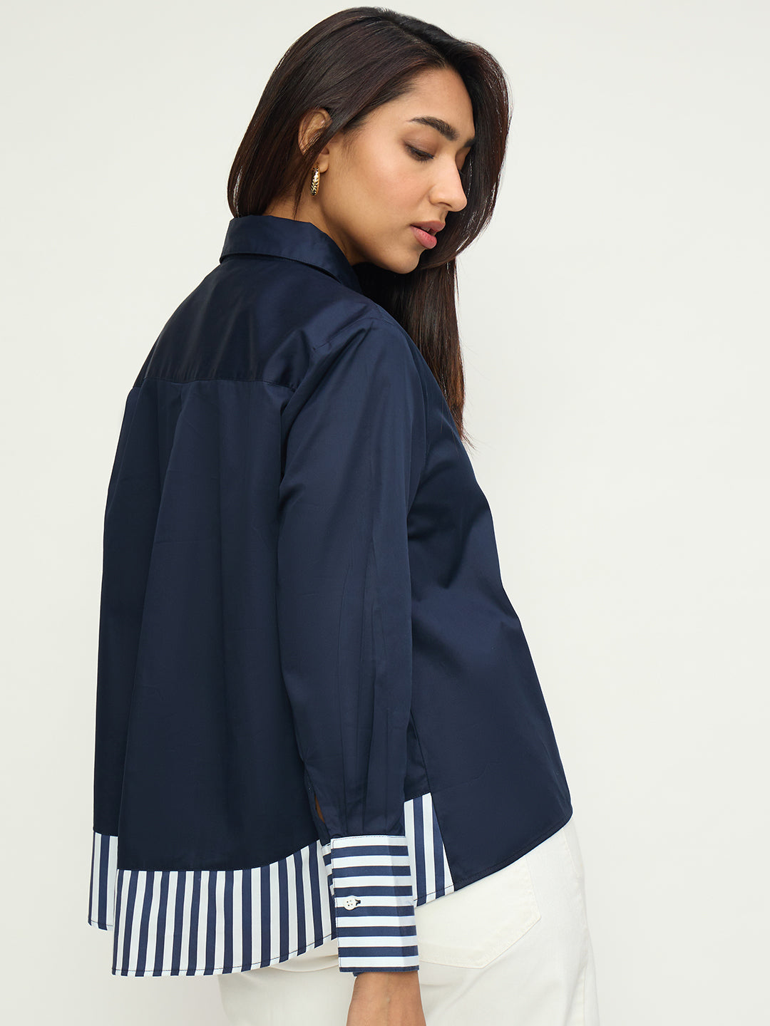 Navy Cotton With Stripes Detail Shirt