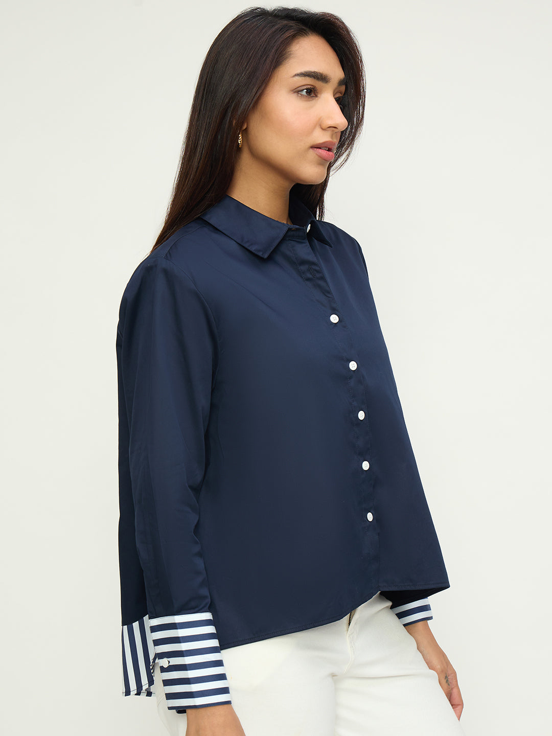 Navy Cotton With Stripes Detail Shirt