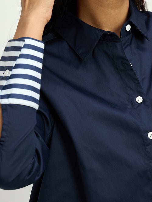 Navy Cotton With Stripes Detail Shirt