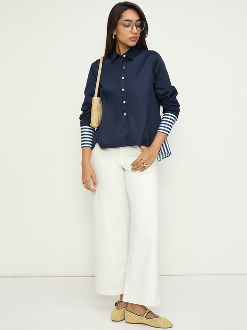 Navy Cotton With Stripes Detail Shirt