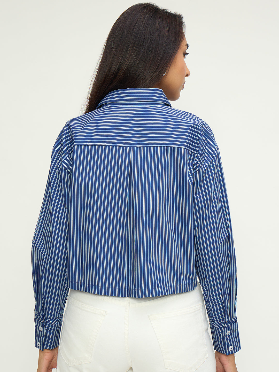 Navy Stripe Straight-Hem Crop Shirt