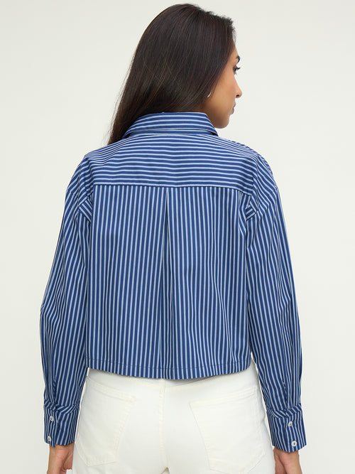 Navy Stripe Straight-Hem Crop Shirt