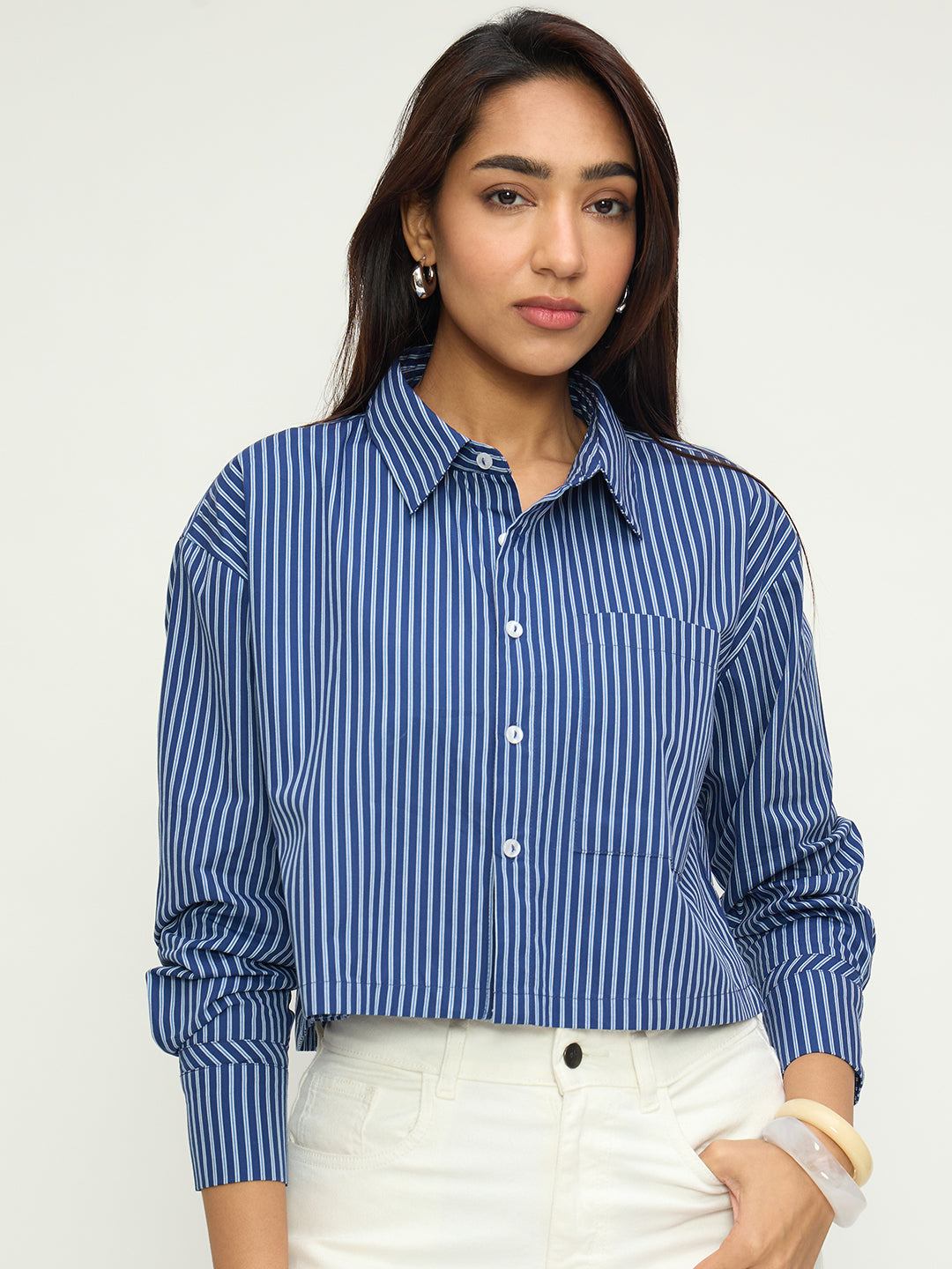 Navy Stripe Straight-Hem Crop Shirt