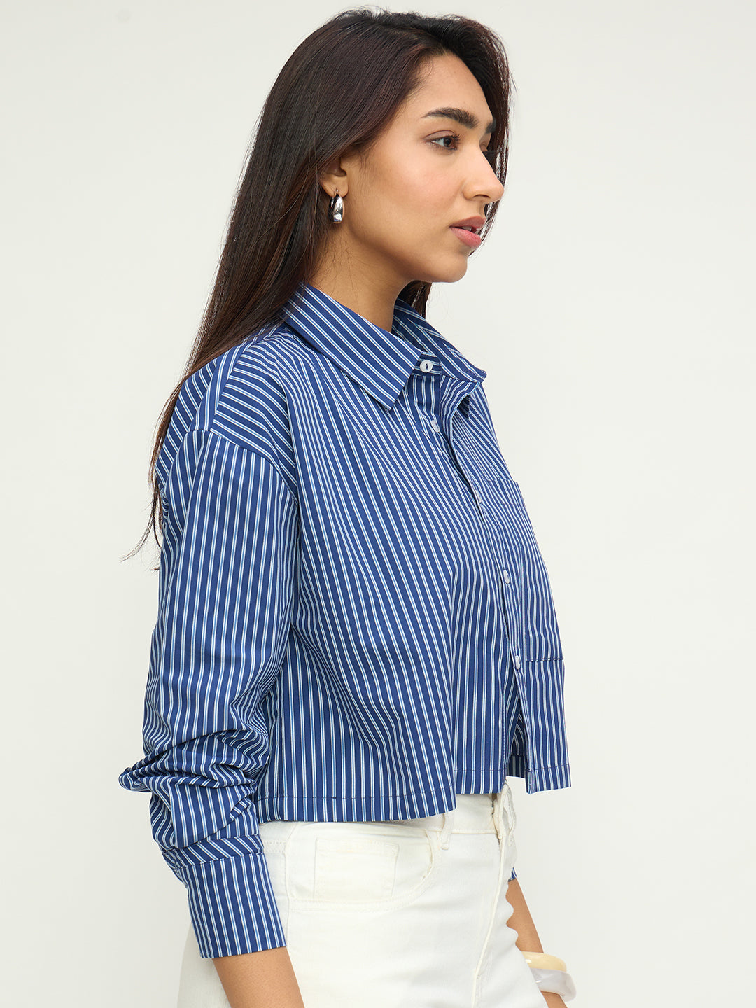 Navy Stripe Straight-Hem Crop Shirt