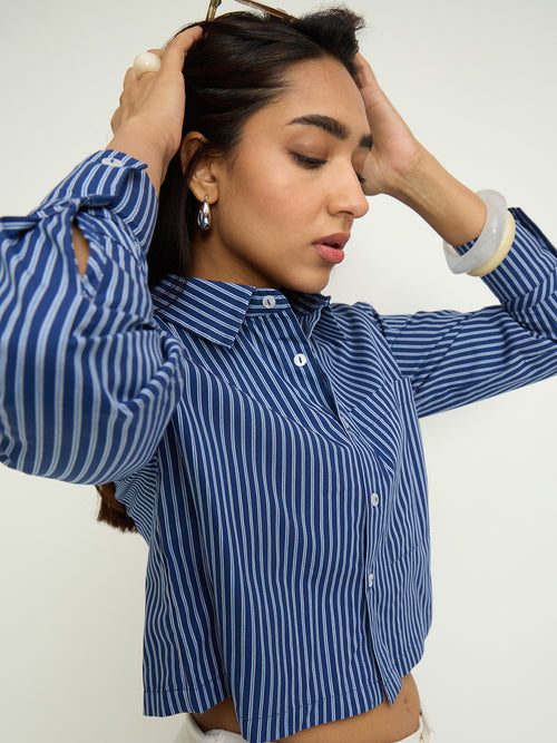 Navy Stripe Straight-Hem Crop Shirt