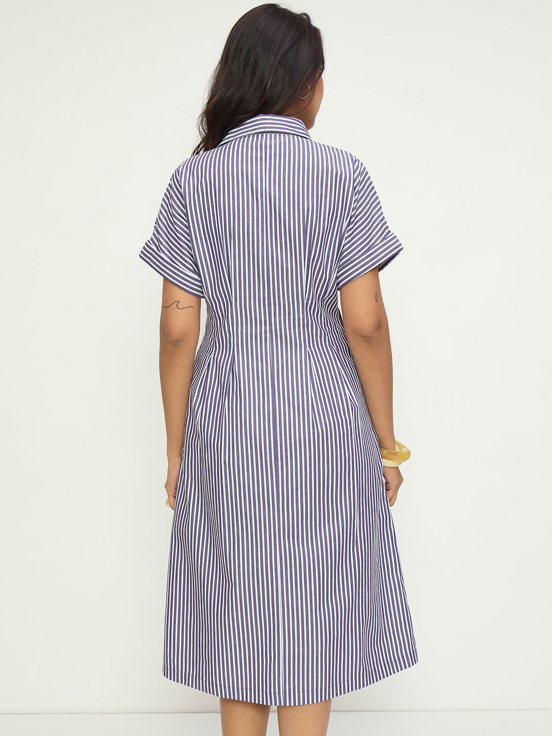 Purple Stripe Pleat Detail Midi Dress