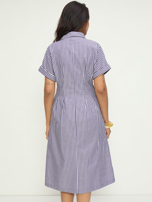 Purple Stripe Pleat Detail Midi Dress