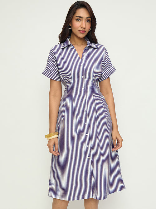 Purple Stripe Pleat Detail Midi Dress