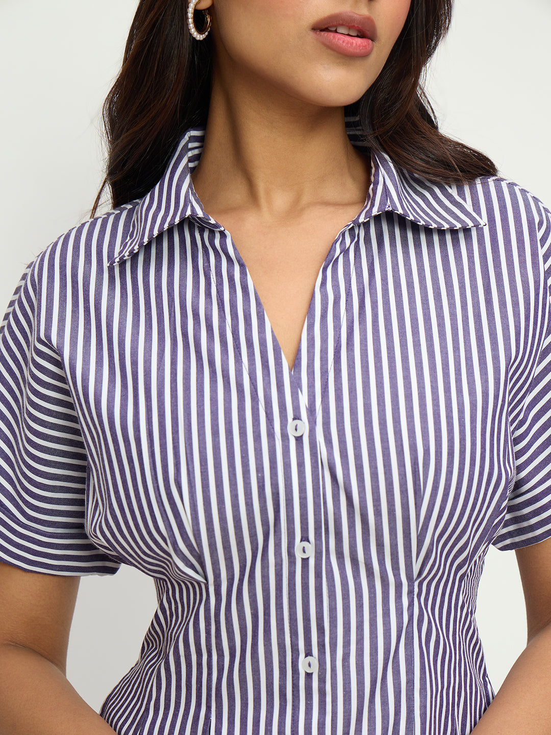 Purple Stripe Pleat Detail Midi Dress