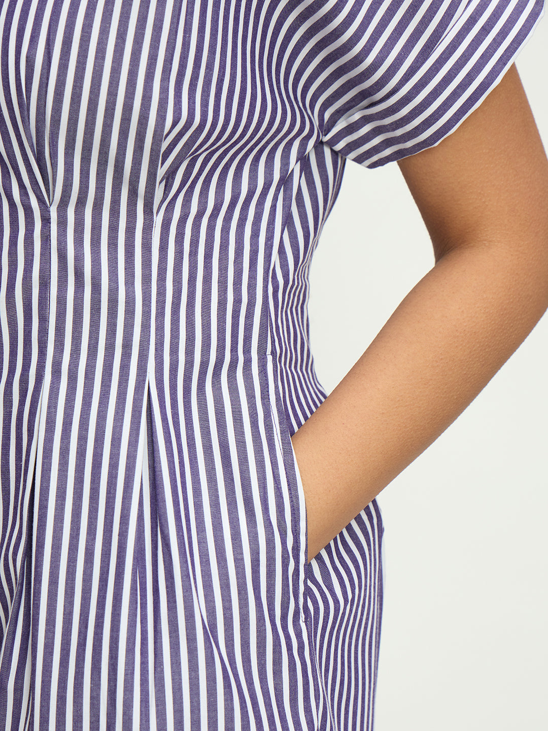 Purple Stripe Pleat Detail Midi Dress