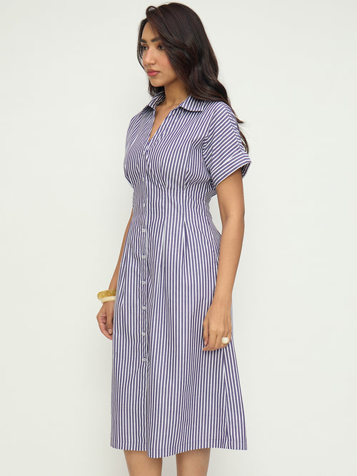 Purple Stripe Pleat Detail Midi Dress