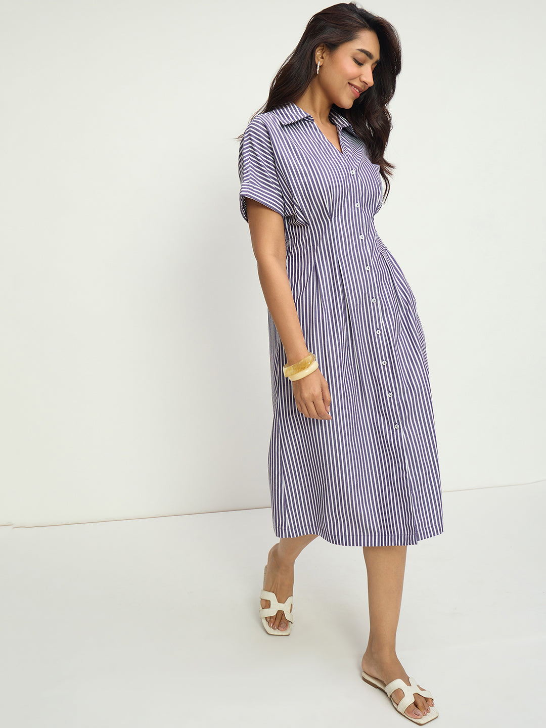 Purple Stripe Pleat Detail Midi Dress