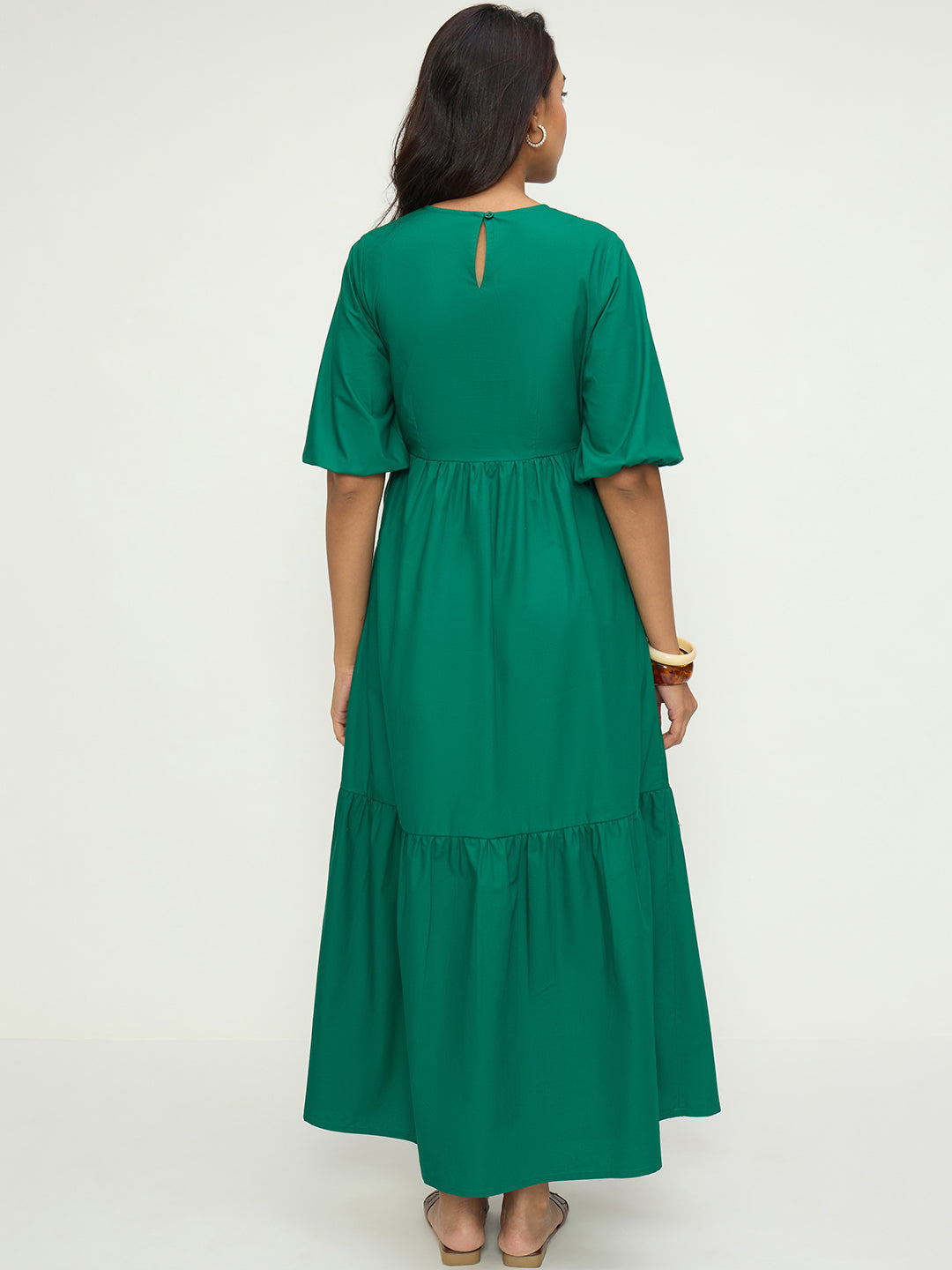 Green Poplin Tiered Maxi Dress