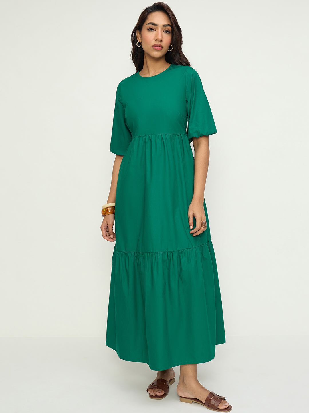 Green Poplin Tiered Maxi Dress