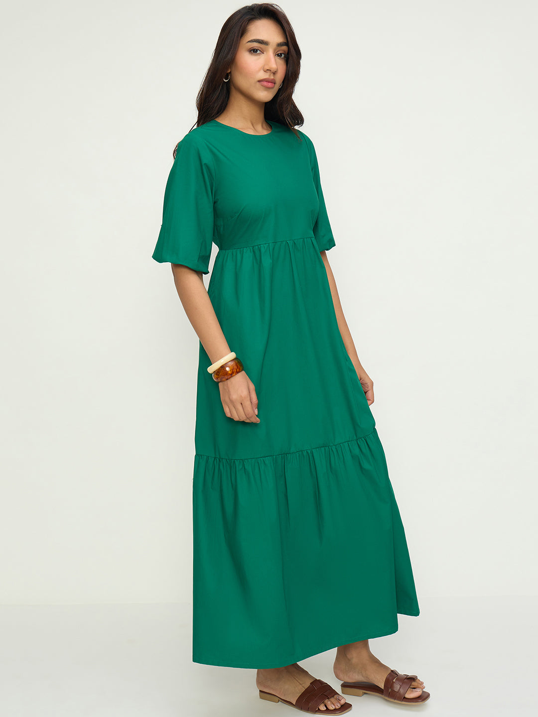 Green Poplin Tiered Maxi Dress