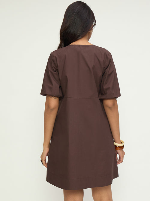 Coffee Brown Poplin Front Tie-Up Mini Dress