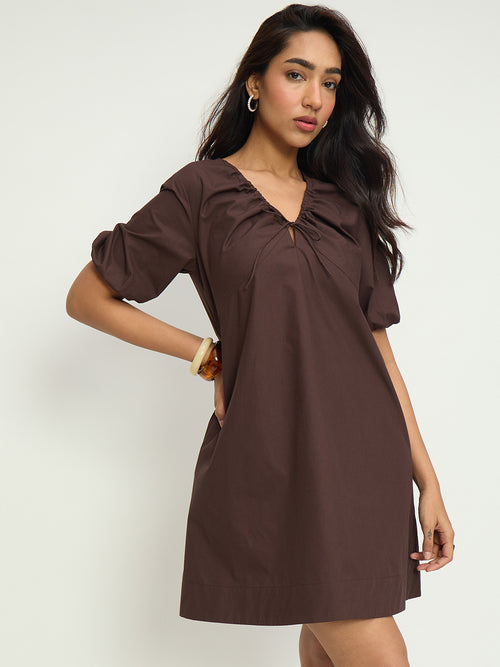 Coffee Brown Poplin Front Tie-Up Mini Dress