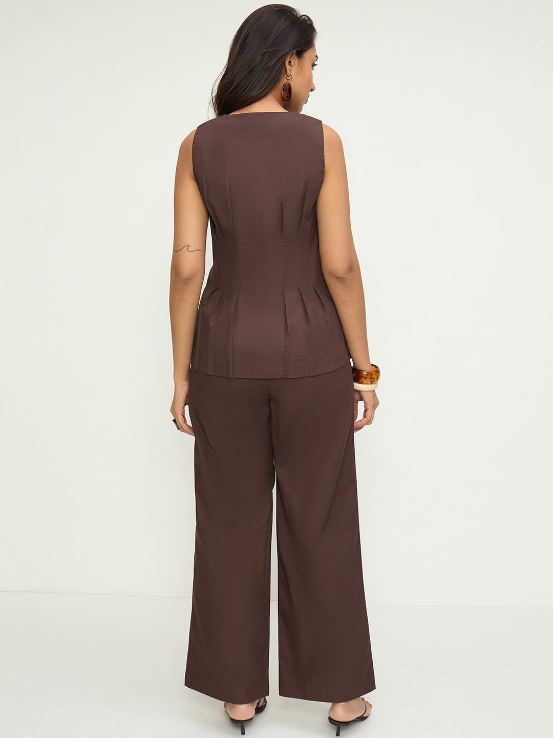 Coffee Brown Poplin Pleat Detail Co-Ord Set