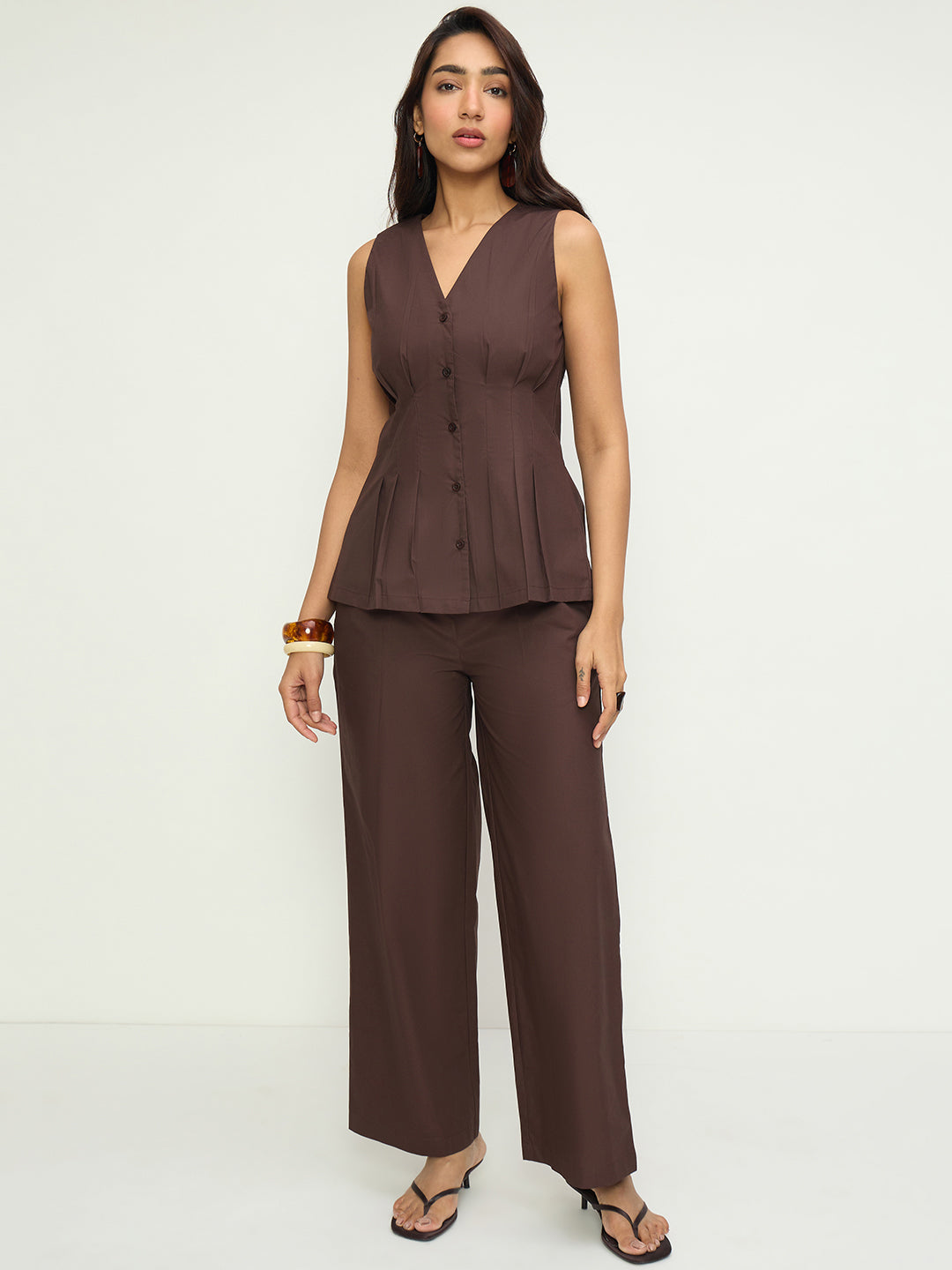Coffee Brown Poplin Pleat Detail Co-Ord Set