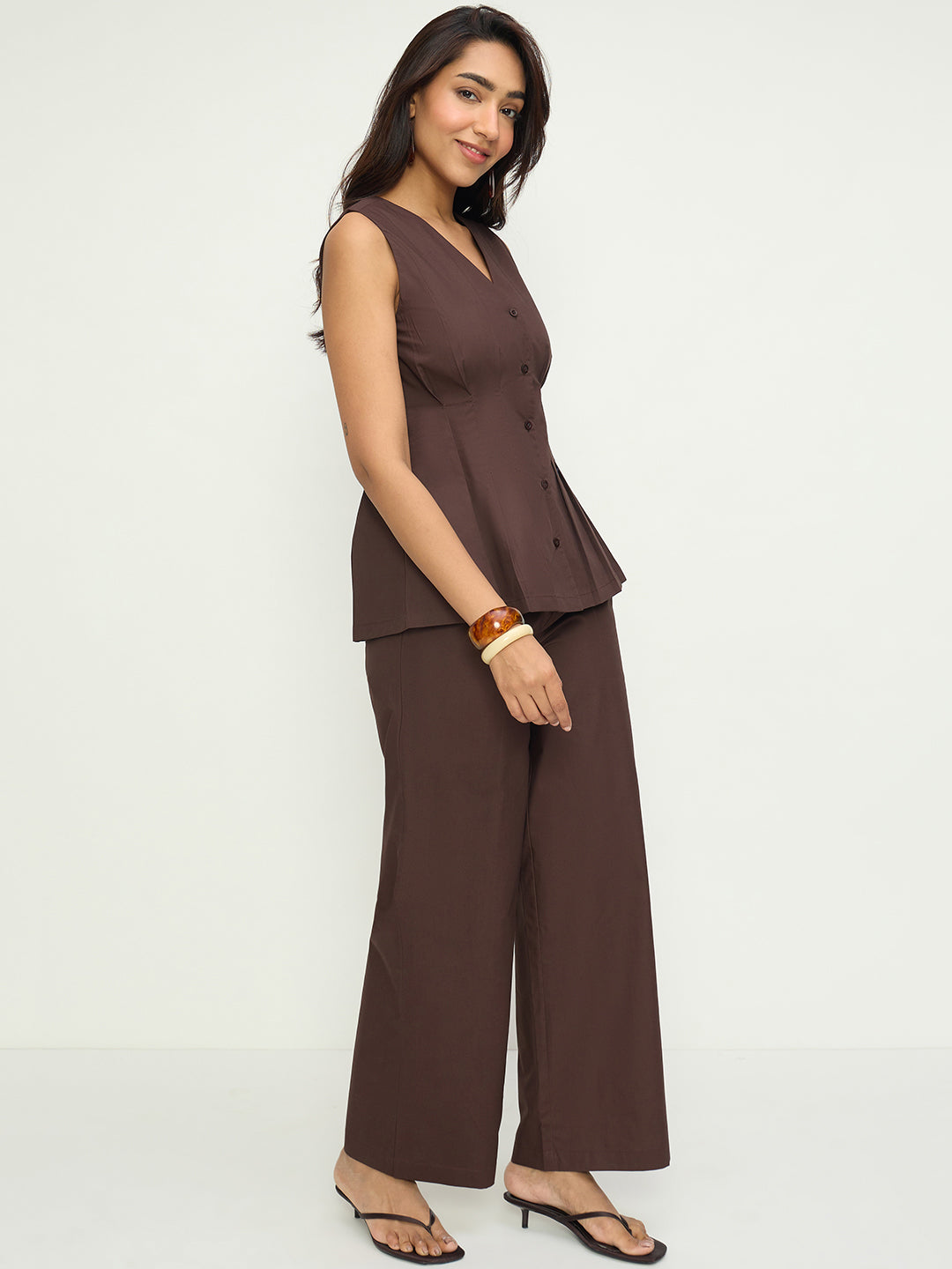 Coffee Brown Poplin Pleat Detail Co-Ord Set