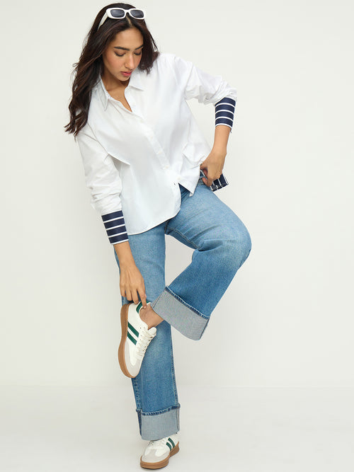 White Cotton With Stripes Detail Shirt