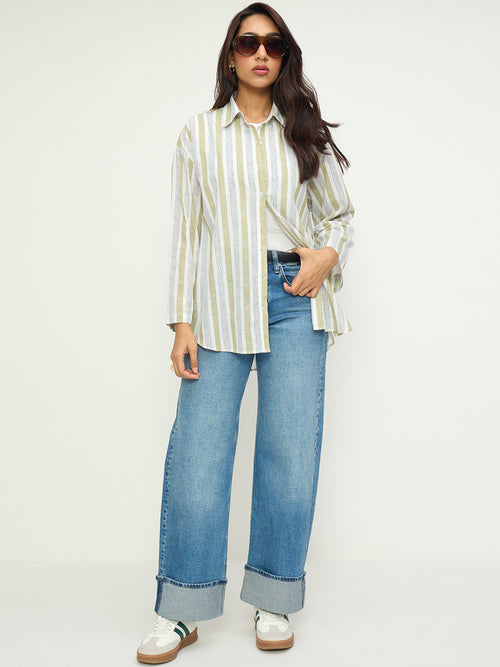 Olive Stripe Cotton Linen Oversized Longline Shirt