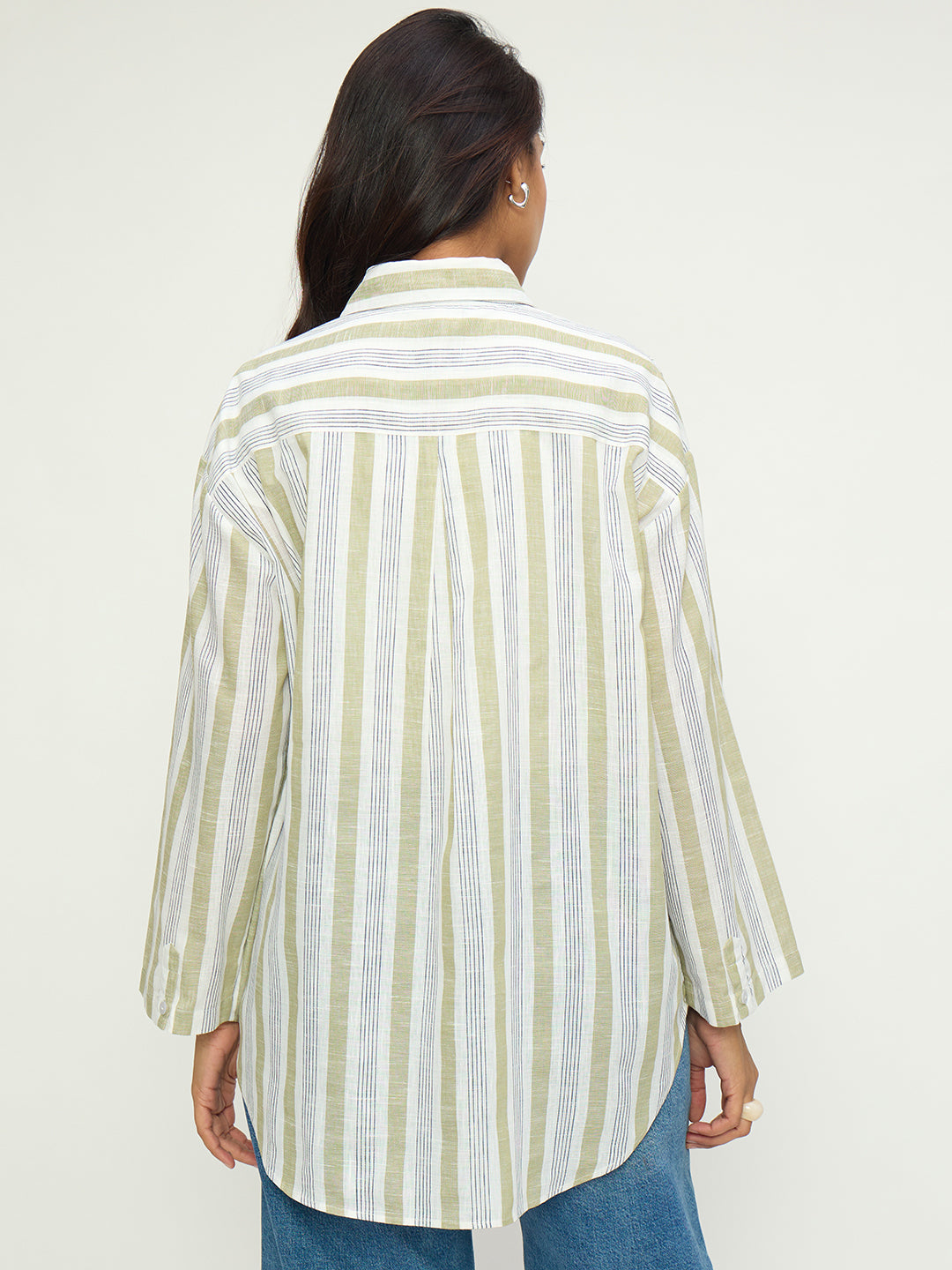 Olive Stripe Cotton Linen Oversized Longline Shirt