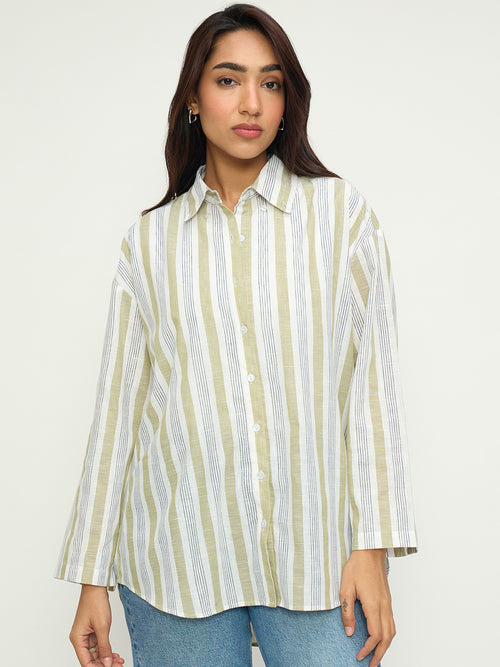 Olive Stripe Cotton Linen Oversized Longline Shirt