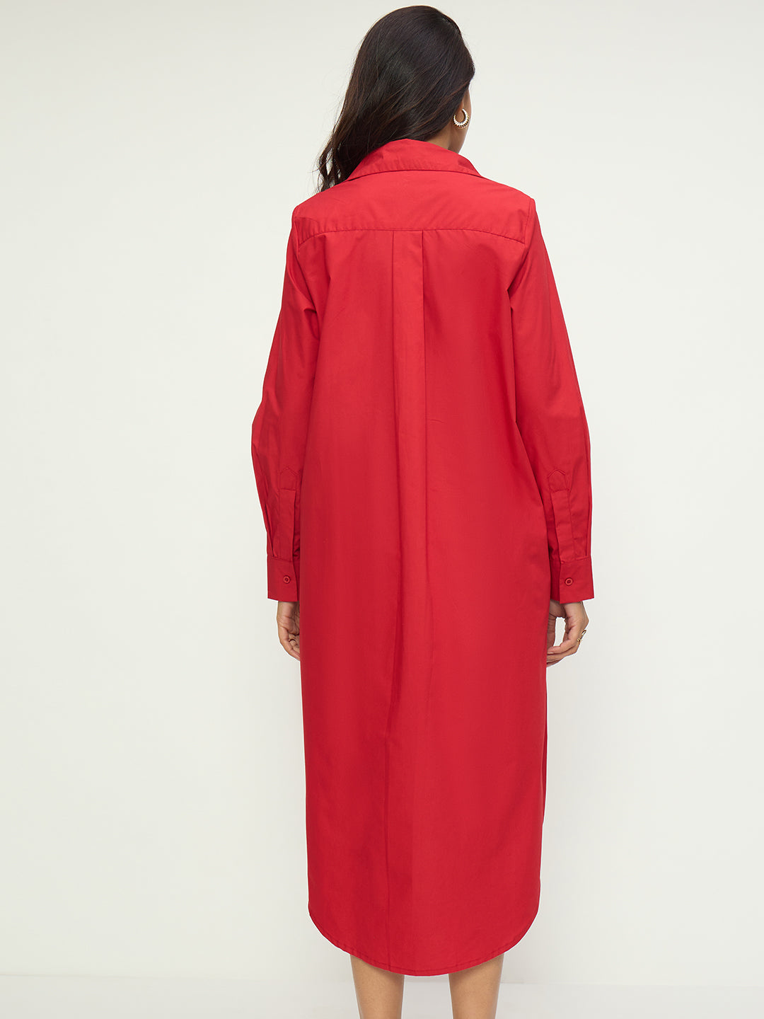 CrispCotton Red Asymmetrical Shirt Midi Dress