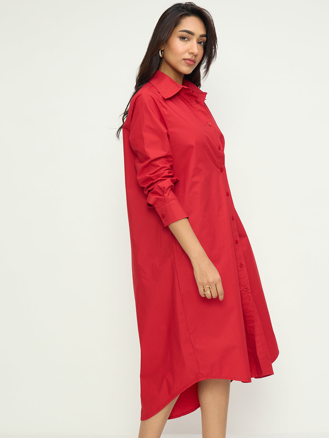 CrispCotton Red Asymmetrical Shirt Midi Dress