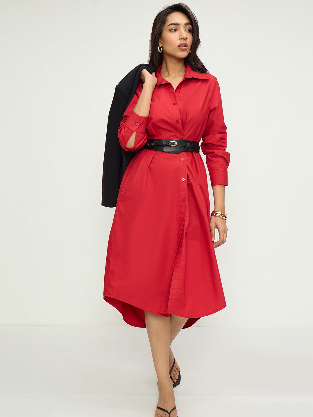 CrispCotton Red Asymmetrical Shirt Midi Dress
