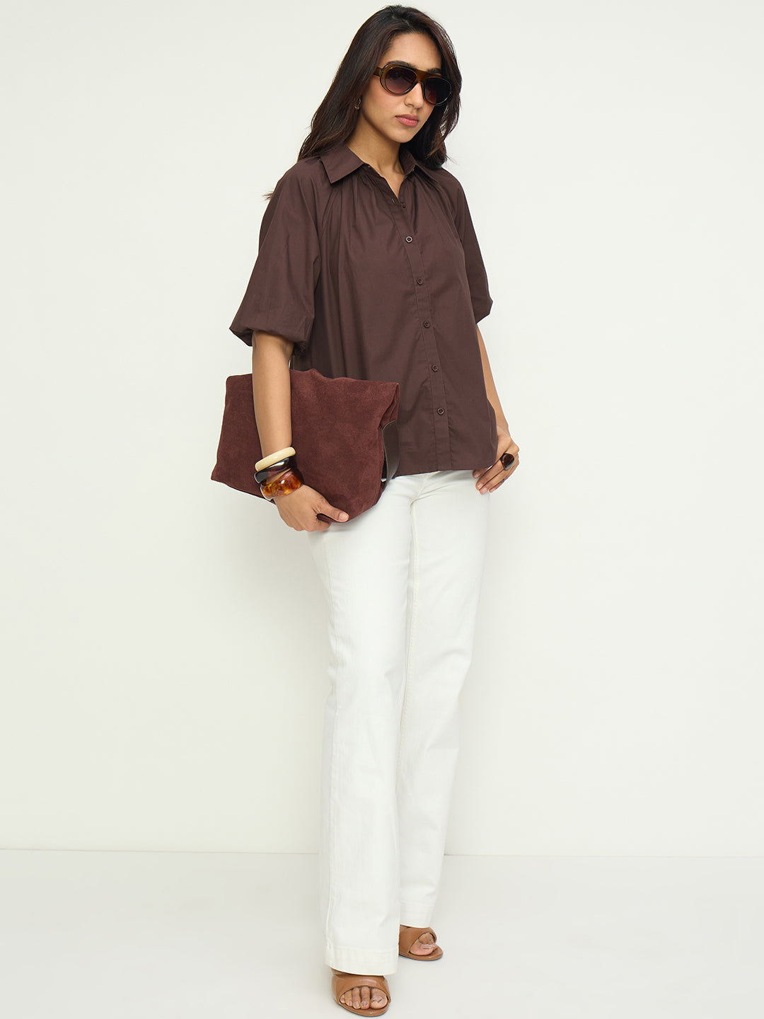 Coffee Brown Poplin Raglan Sleeve Shirt