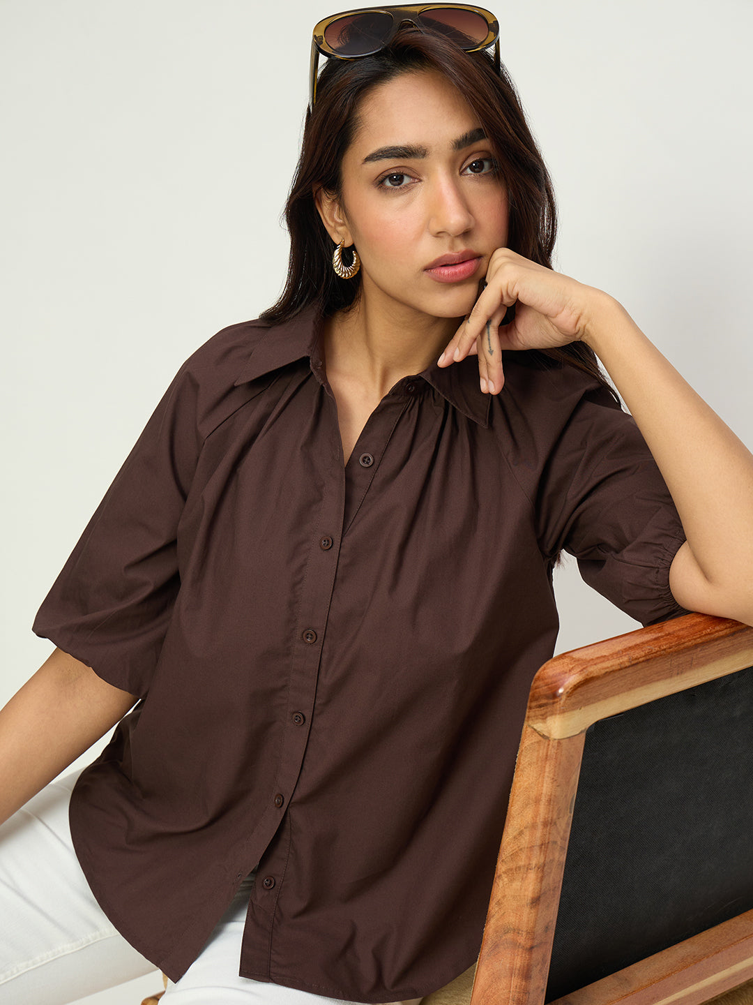 Coffee Brown Poplin Raglan Sleeve Shirt