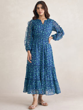 Blue Floral Printed Ruffle Detail Maxi Dress