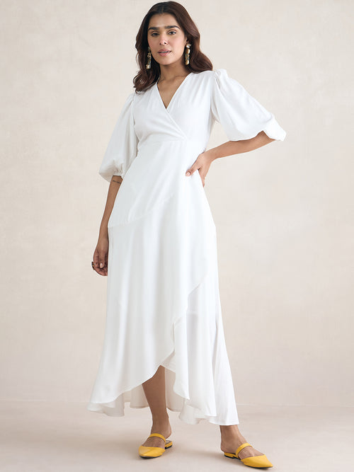 White Wrap Ruffle Maxi Dress