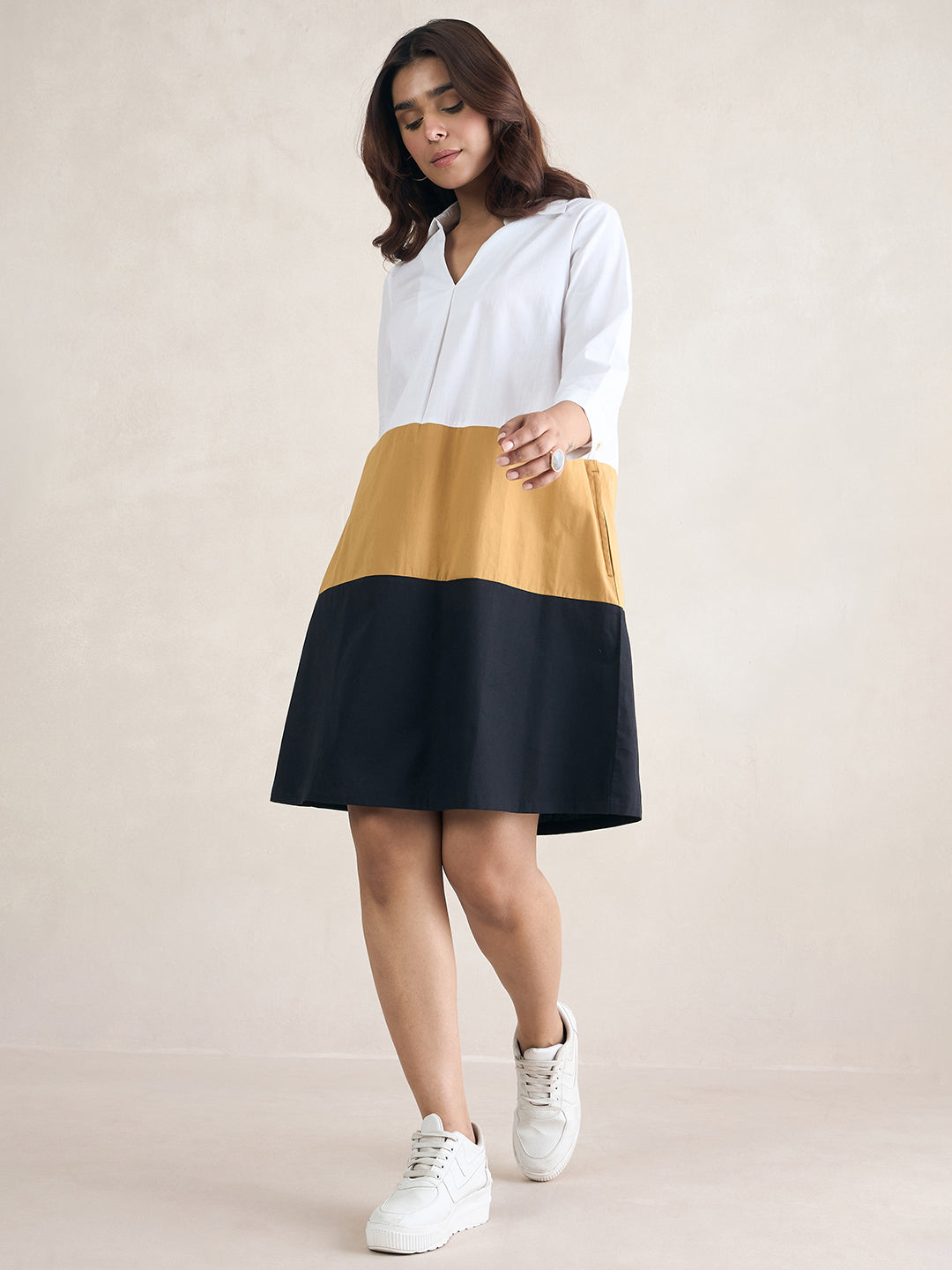 White Colorblock Knee Length Dress