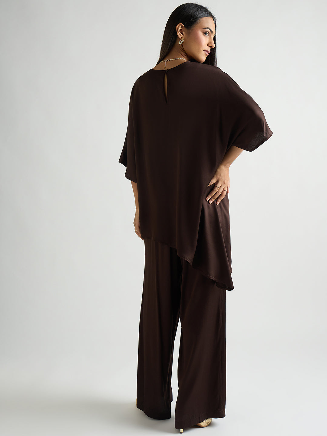 Coffee Brown Satin Asymmetric Co-Ord Set