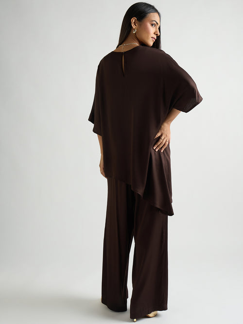 Coffee Brown Satin Asymmetric Co-Ord Set