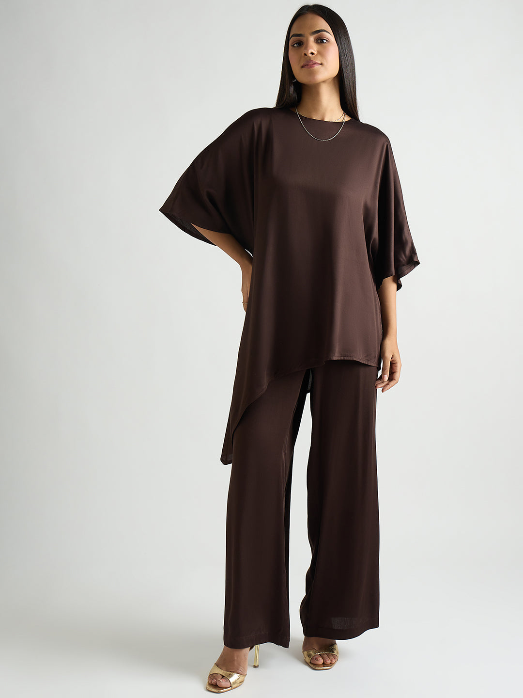 Coffee Brown Satin Asymmetric Co-Ord Set