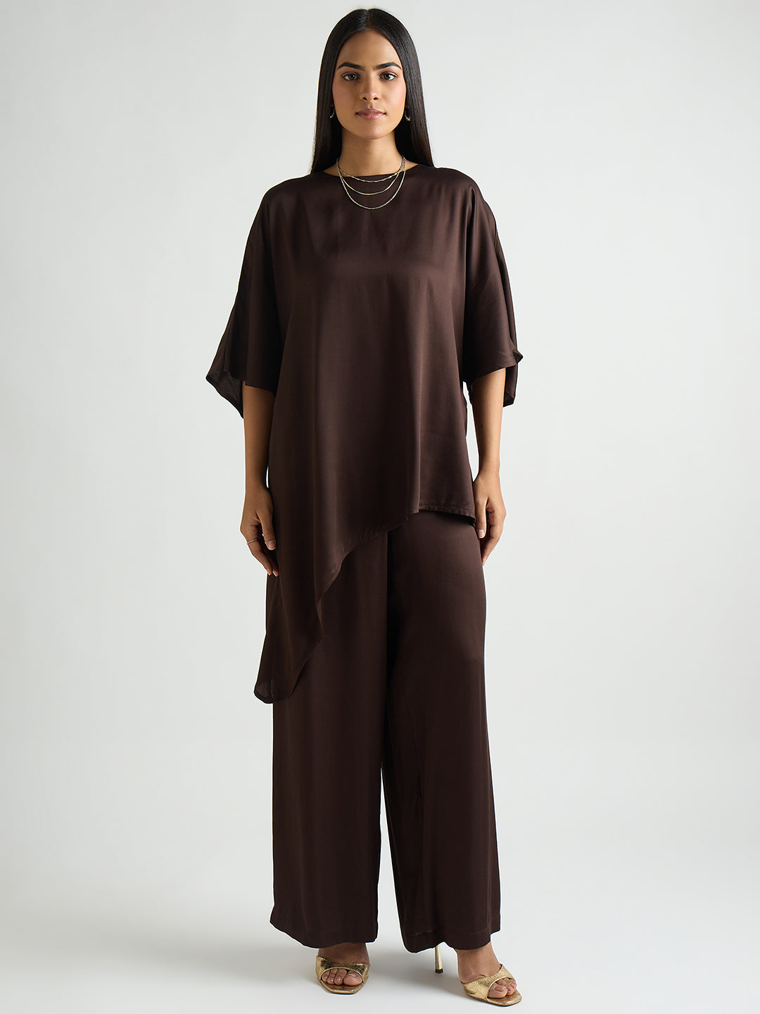 Coffee Brown Satin Asymmetric Co-Ord Set