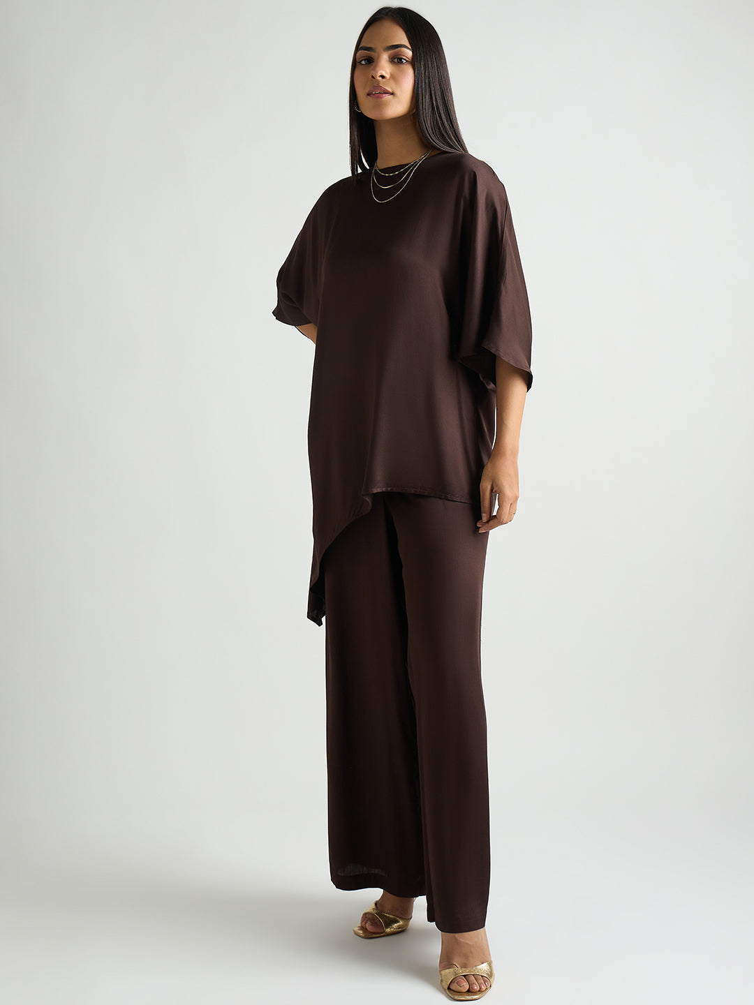 Coffee Brown Satin Asymmetric Co-Ord Set