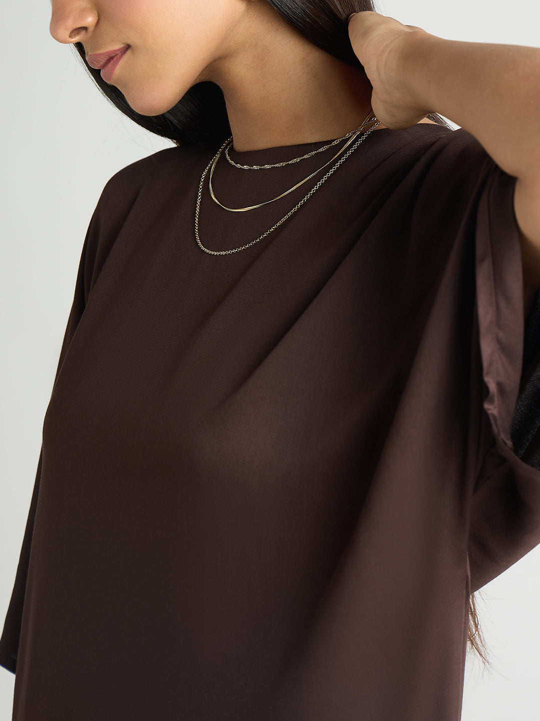 Coffee Brown Satin Asymmetric Co-Ord Set