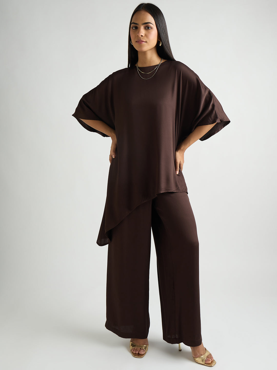 Coffee Brown Satin Asymmetric Co-Ord Set