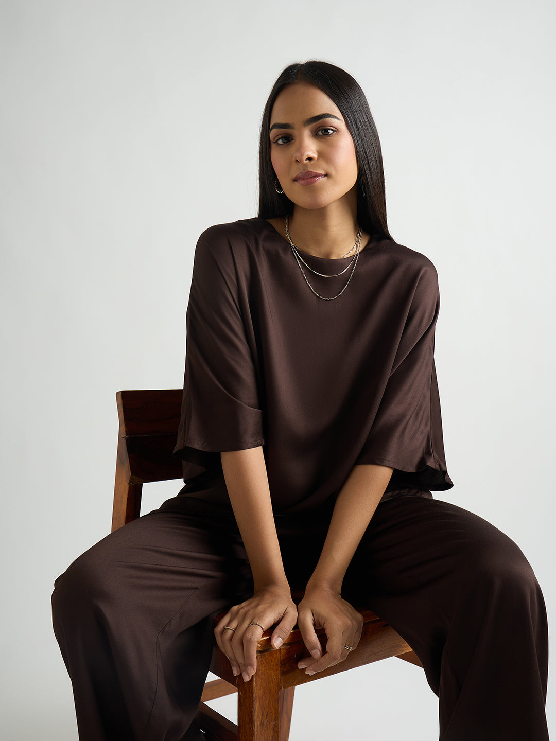 Coffee Brown Satin Asymmetric Co-Ord Set
