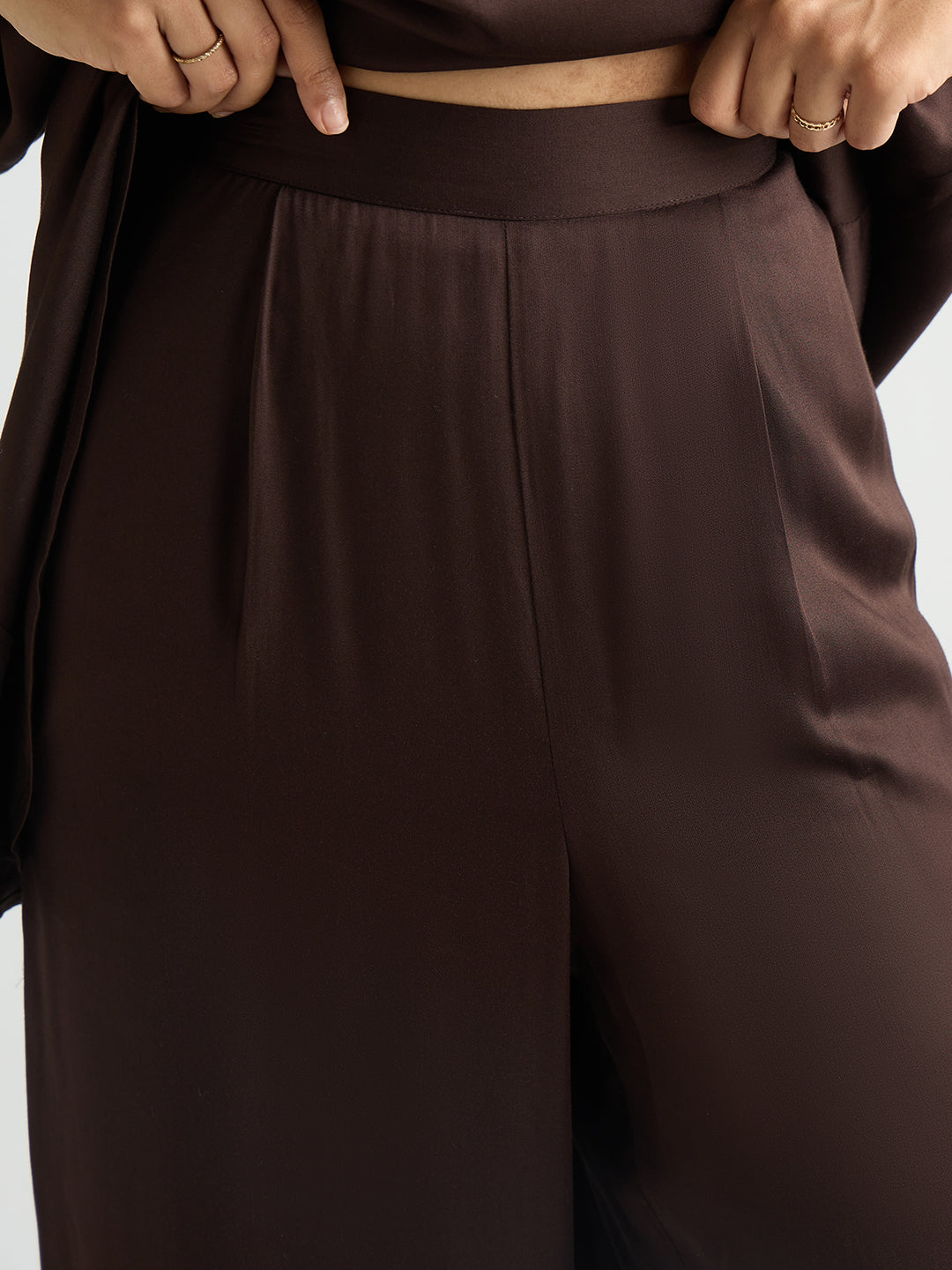 Coffee Brown Satin Asymmetric Co-Ord Set